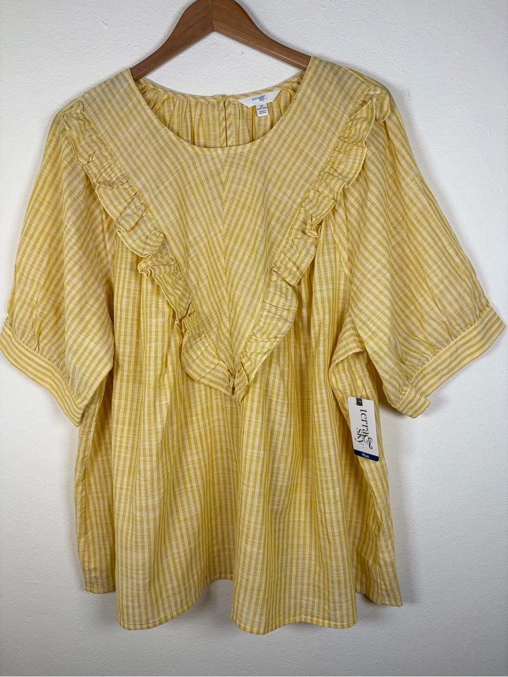 Terra & Sky Women’s 2X 20W-22W Yellow Plaid Ruffle Blouse NWT